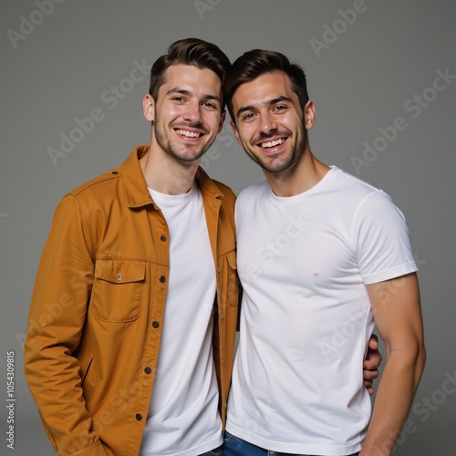 A vibrant modern portrait depicts a joyful young gay couple embracing in a heartwarming scene Generative