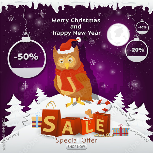 A Christmas sale banner with an inscription in the form of packages in a snowy clearing an owl in a Santa Claus hat