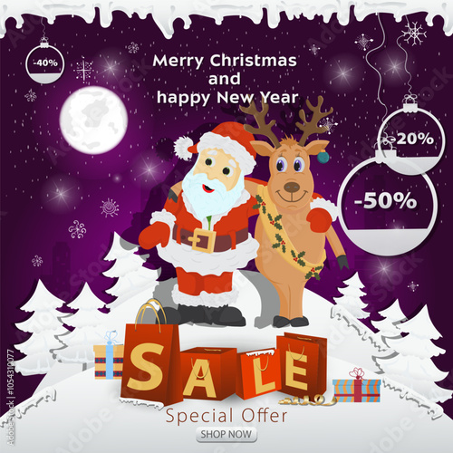 Christmas sale banner inscription in the form of packages in a snowy clearing Santa Claus hugs a deer