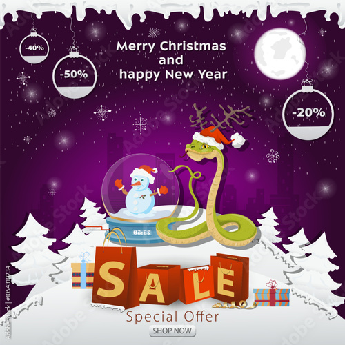 A Christmas sale banner with an inscription in the form of packages in a snowy clearing a snake in a Santa hat next to a glass ball