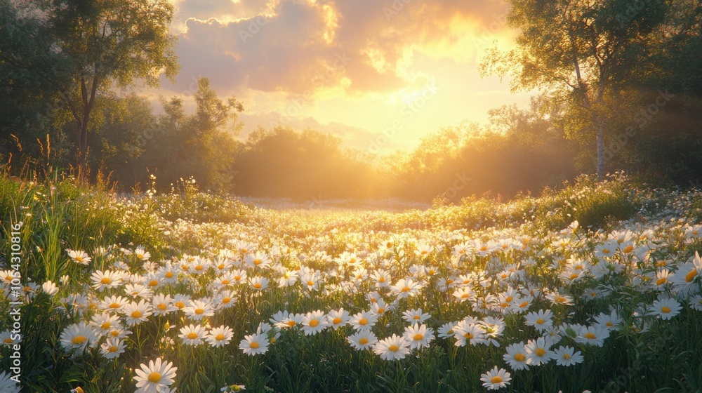 Fototapeta premium Breathtaking Golden Hour Over a Vibrant Meadow Filled with Wildflowers, Ideal for Nature and Landscape Enthusiasts