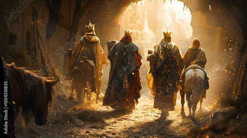 Three kings holding gifts, standing in awe before baby Jesus in a humble, hay-filled stable, glowing with holy light photo