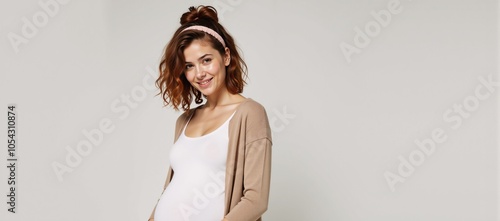 Chinese Minimalist Portrait Pregnant Woman with Auburn Hair Cardigan