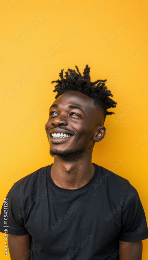 Fototapeta premium Energetic Young Man Smiling Brightly Against Vibrant Yellow Background for Joyful Design