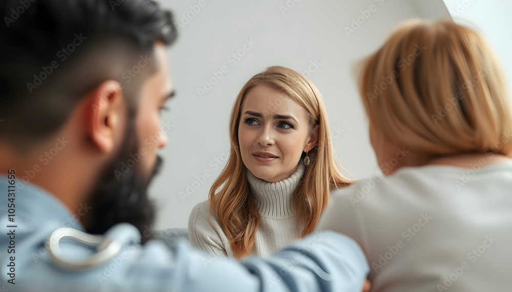 Couple seeing a psychotherapist to solve their problems isolated with white highlights, png Couple seeing a psychotherapist to solve their problems isolated with white highlights, png