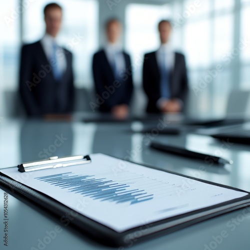 Business meeting with a report on a clipboard and professionals in the background.