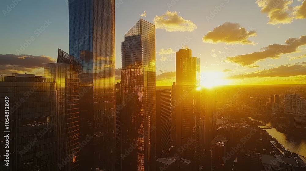 Fototapeta premium Golden Hour Skyline: Skyscrapers Reflected in Sunset