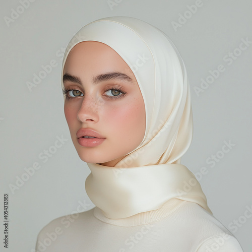 luxury natural glam dubai emeriti arab hijabi muslim women model plain background makeup beautiful fresh white silk satin scarf photo