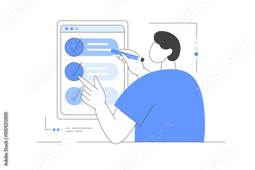 Online survey concept, filling online survey form on gadgets, to do list paper note. Filling up survey form. Vector Illustration, icon. Stylish, Minimalist line, abstract