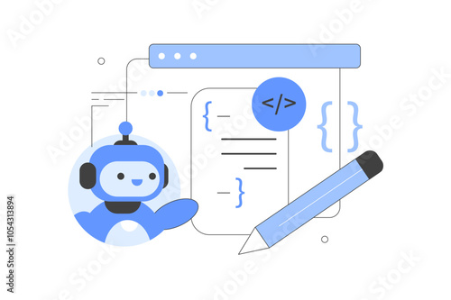 Artificial intelligence. Using AI chat bot for writing programming code. Neural network technology concept. Vector Illustration, icon. Stylish, Minimalist line, abstract
