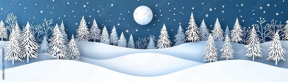 Obraz premium Snowy winter landscape with evergreen trees under a bright moon and starry sky.