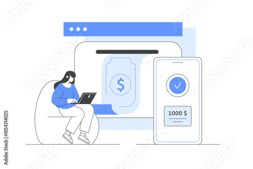 Check invoice on the screen. Cash bank card transfer. Character in online internet banking transfer electronic funds. Sending and receiving. Vector Illustration, icon. Stylish, Minimalist line