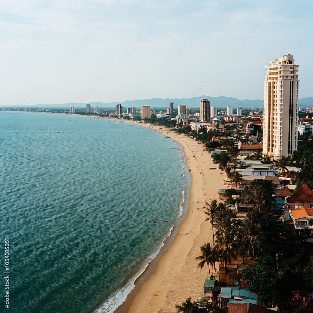 Obraz premium A coastal view showcasing a sandy beach and urban skyline by the sea.