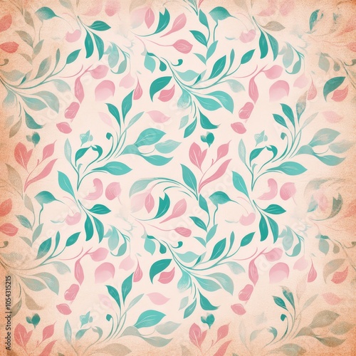 A beautiful floral pattern featuring delicate leaves and petals in soft pink and turquoise hues, perfect for various design projects.
