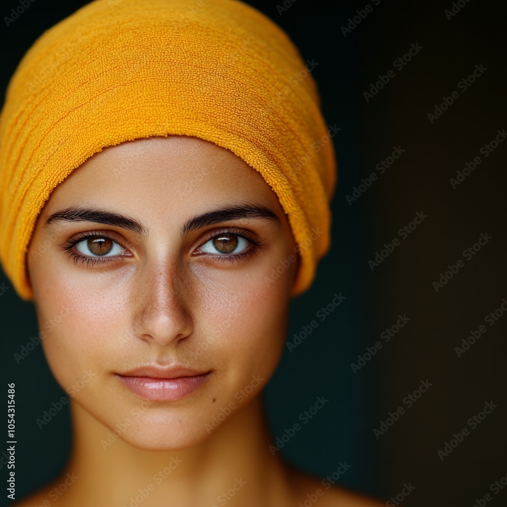 A close-up portrait of a woman with a yellow towel, showcasing natural beauty. A close-up portrait of a woman with a yellow towel, showcasing natural beauty.
