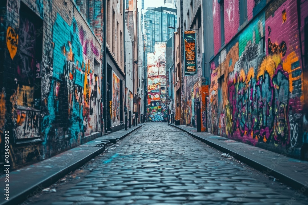 Naklejka premium Vibrant Alleyway: A Colorful Urban Adventure