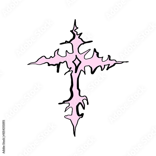 Pink gothic cross in yk2 drain goth aesthetic hand-drawn fashion isolated heart. Brush, ink decor element. Ornate patterned trendy design vector, clipart. gothic aesthetic hand-drawn fashion black