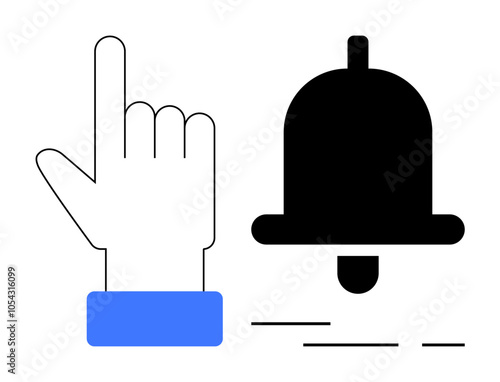 Hand icon with a blue cuff pointing to a black bell symbol representing notifications. Ideal for app interfaces, website alerts, UI UX design, reminders, user engagement, push notifications