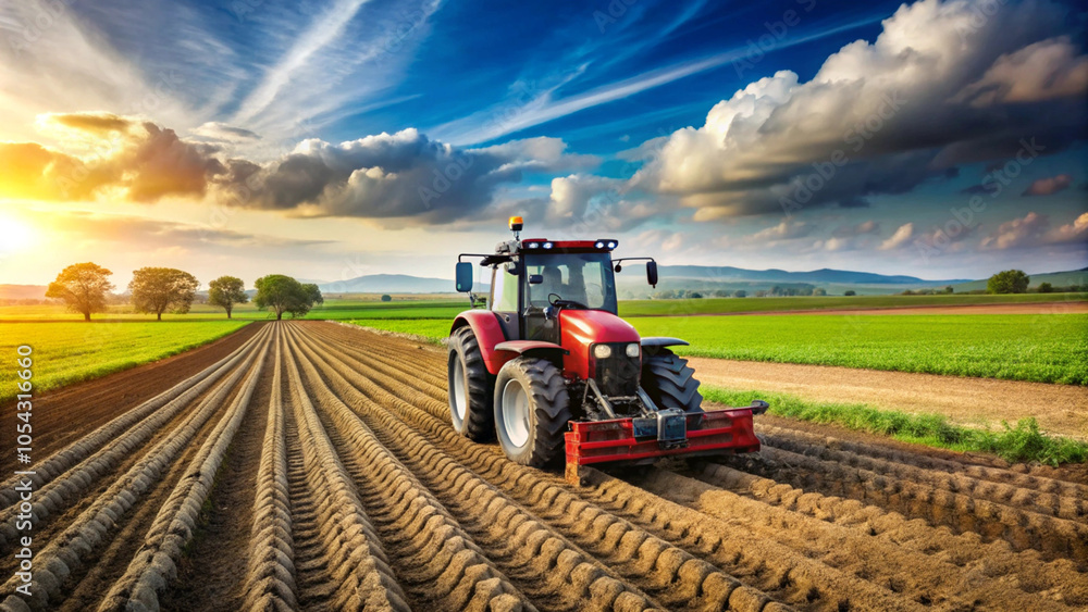 Obraz premium Red Tractor Plowing Field at Sunset