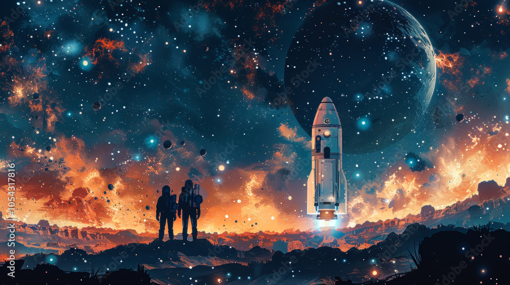 Naklejka premium Astronauts Exploring Distant Planet with Rocket 