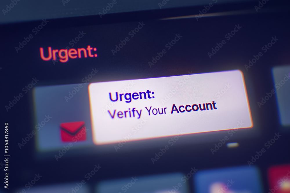 Close-up of a digital inbox filled with urgent-looking notification emails, highlighting words like Verify Account and Urgent. phishing attempts