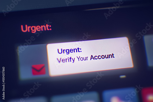 Obraz na płótnie Close-up of a digital inbox filled with urgent-looking notification emails, highlighting words like Verify Account and Urgent. phishing attempts w salonie