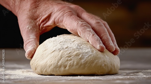 A hand gently presses down on a ball of dough, preparing it for baking. photo