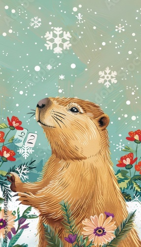 Groundhog Day Card with Groundhog Holding Calendar Amid Snow and Flowers photo