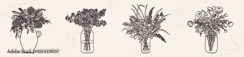Hand drawn line ink or sketch style vases. Wild garden flower bouquet for wedding invitations or wall art drawing. Clip art flower arrangement in glass vase. Minimalist chalk or charcoal illustration.