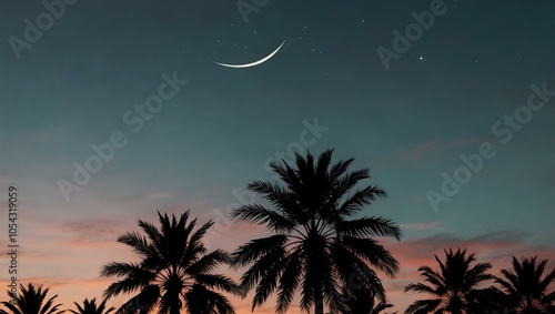 Airplane in the sky with palm trees and a crescent moon.