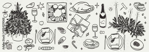 Retro vintage new year drawing set. Doodle line art contemporary minimalist print style. Christmas dinner table decor candles, food, wine or champagne. Hand drawn ink holiday menu elements collection.