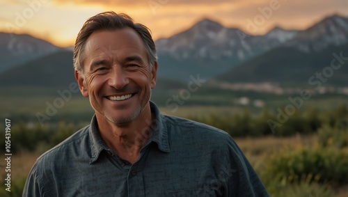 Another smiling man with mountains behind him at sunset.