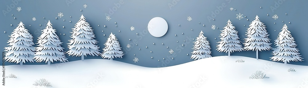 Obraz premium Winter landscape with snow-covered trees under a night sky full of stars and a large moon.