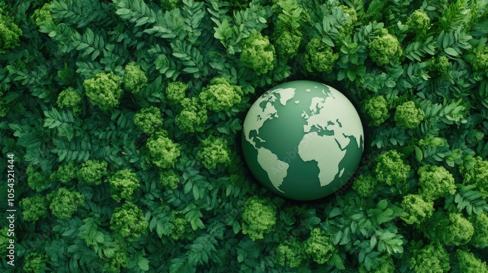 A green globe surrounded by lush foliage, symbolizing environmental awareness and sustainability in a natural setting. A green globe surrounded by lush foliage, symbolizing environmental awareness and sustainability in a natural setting.