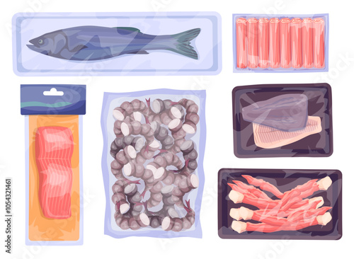 Cartoon Color Frozen Seafood Package Set Fillet, Shrimp and Crab Sticks Concept Flat Design Style . Vector illustration