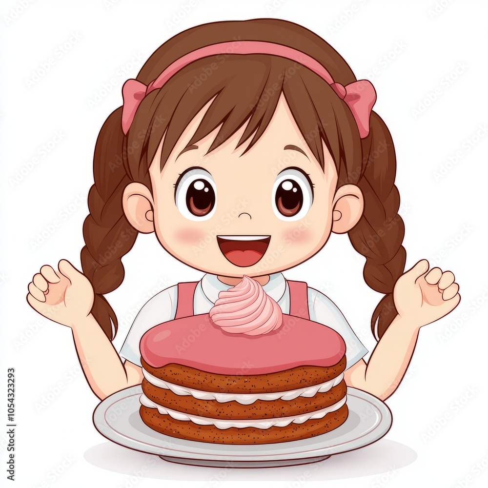 A cheerful girl with pigtails excitedly presents a cake on a plate. A cheerful girl with pigtails excitedly presents a cake on a plate.
