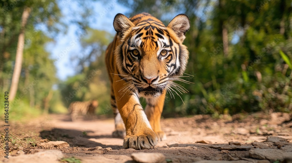 Obraz premium A majestic tiger walking through a lush forest, showcasing its stunning stripes and powerful presence in the wild.