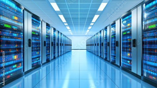 A modern data center with rows of server racks illuminated by blue lighting, showcasing advanced technology and infrastructure.