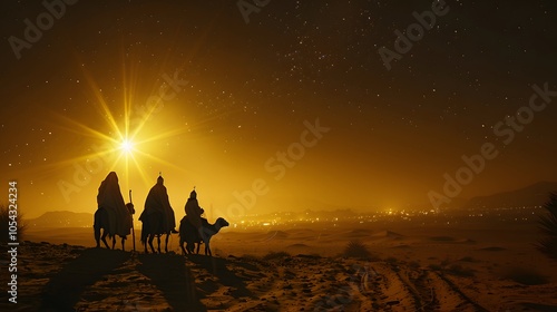 Under the radiant star of Bethlehem, the three kings kneel before baby Jesus, offering gifts of gold, frankincense, and myrrh, holy atmosphere