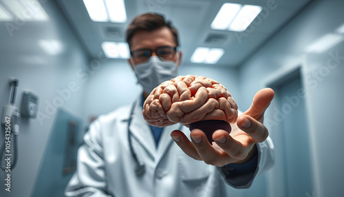 panoramic shot of doctor holding model of brain in clinic isolated with white highlights, png photo