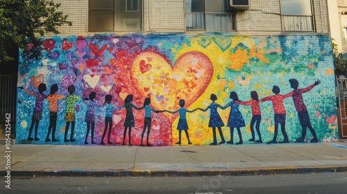 A colorful mural depicting a large heart surrounded by silhouettes of children holding hands, symbolizing unity and love.