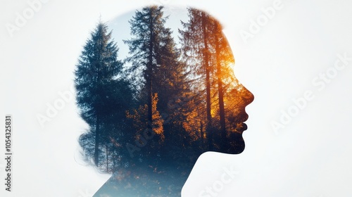 A serene double exposure of a woman's silhouette with a vibrant forest background, blending nature and human essence beautifully. photo