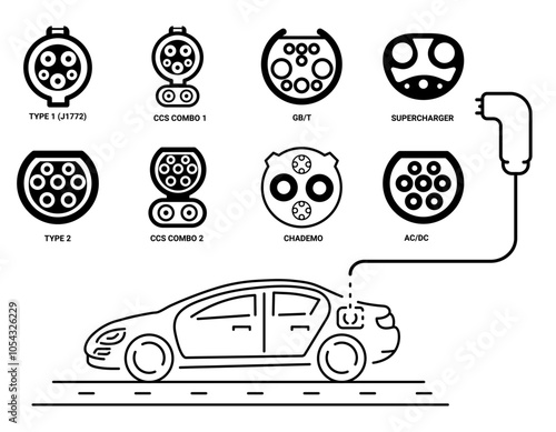 Types of electric vehicle plugs. standard charging connector plug and socket. Connectors for electric vehicles. electric car charge