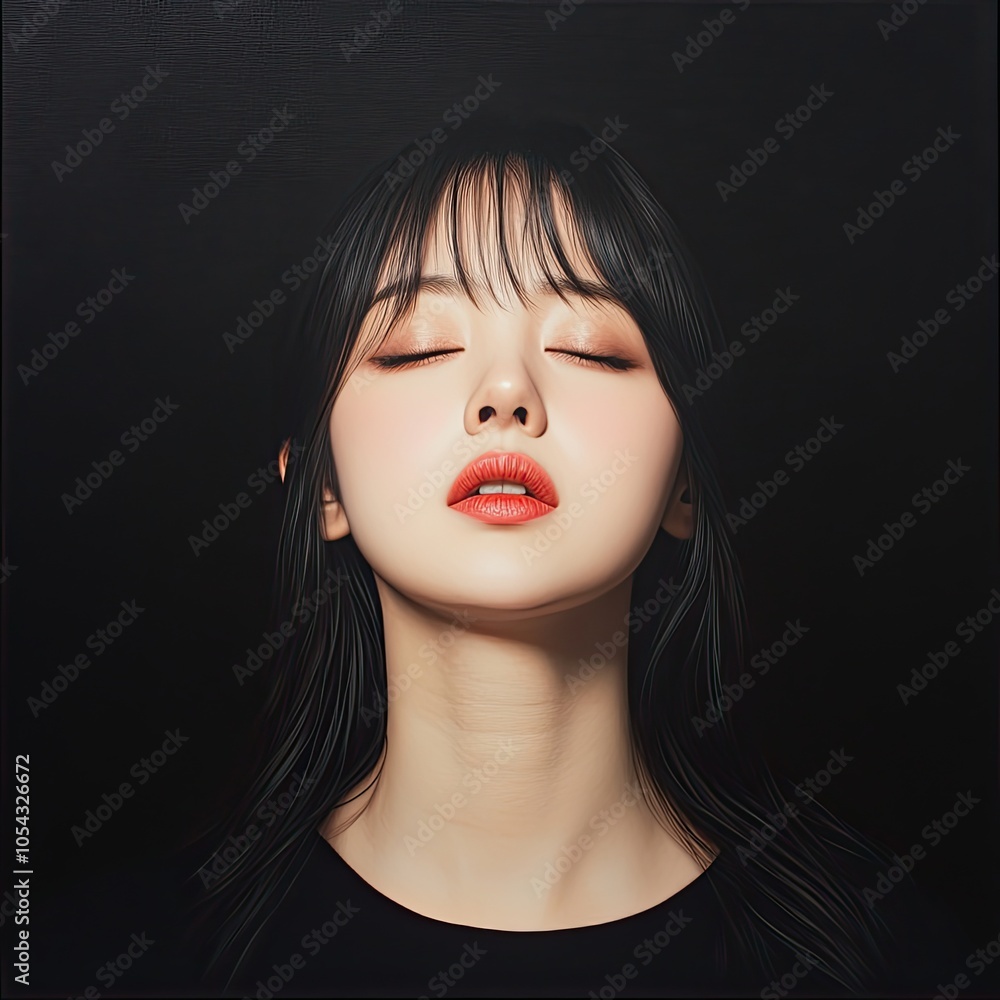 A serene portrait of a woman with closed eyes and flawless skin, exuding tranquility and beauty against a dark background. A serene portrait of a woman with closed eyes and flawless skin, exuding tranquility and beauty against a dark background.