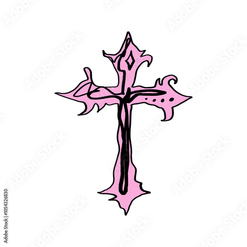 Pink gothic cross in yk2 drain goth aesthetic hand-drawn fashion isolated heart. Brush, ink decor element. Ornate patterned trendy design vector, clipart. gothic aesthetic hand-drawn fashion black