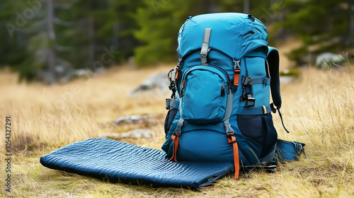 Hiking backpack with mat during trek in mountains