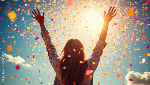 Woman celebrating with confetti under bright sunlight

