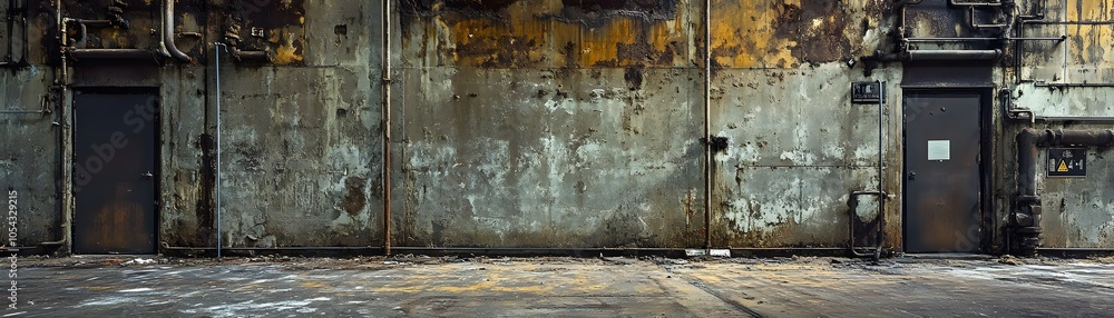 Obraz premium Weathered Concrete Wall with Two Doors and Exposed Pipes