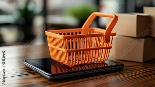 A mini orange shopping basket placed on a smart device next to a laptop with boxes, representing the ease of global online shopping with just a few clicks photo