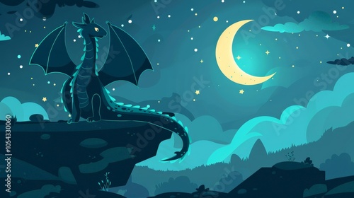 Scene of a dragon blending with the night sky flat design side view night mimic theme animation Analogous Color Scheme photo